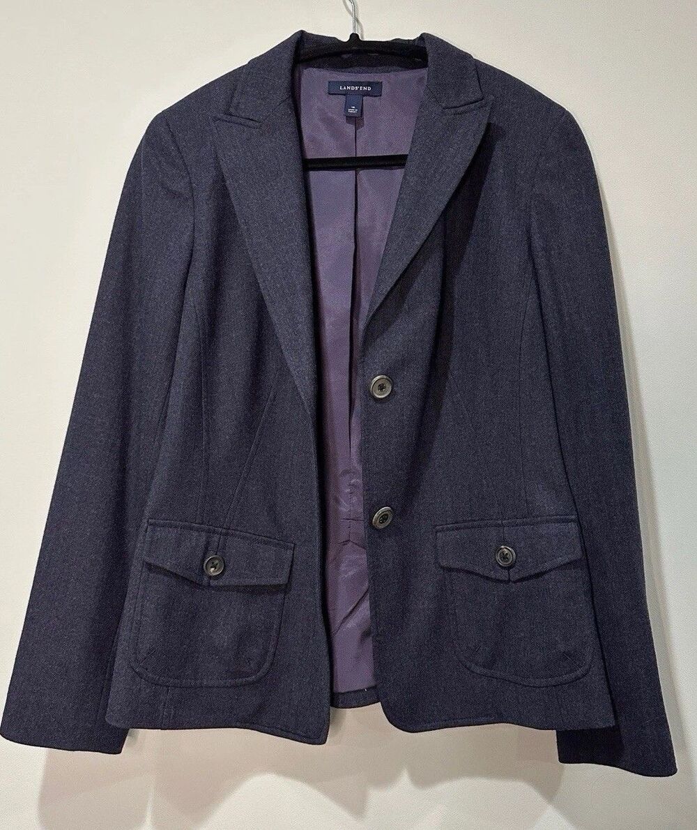 Lands End Womens Size 10 Wool Blend 2 Button Blazer Jacket Charcoal Gray Premium
